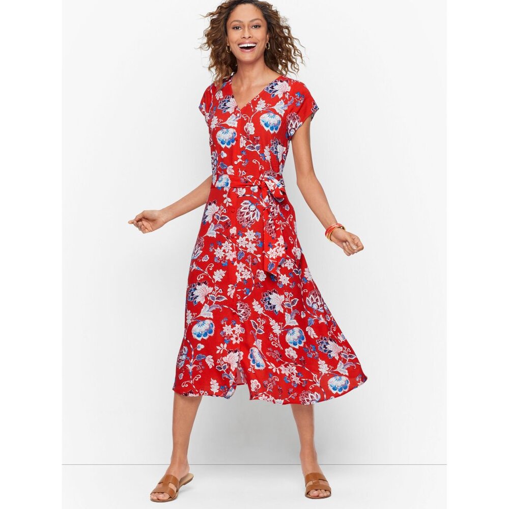 NWT Talbots Womens Size 16 Red Jacobean Floral Belted Midi Shirtdress NEW